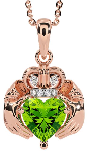 Diamond Peridot Rose Gold Claddagh Necklace