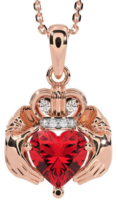 Diamond Ruby Rose Gold Claddagh Necklace