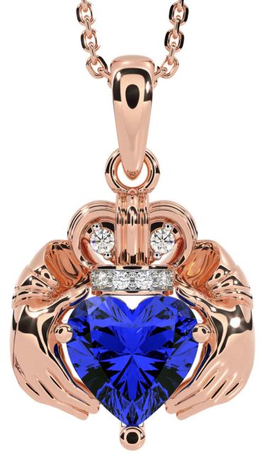 Diamond Sapphire Rose Gold Claddagh Necklace