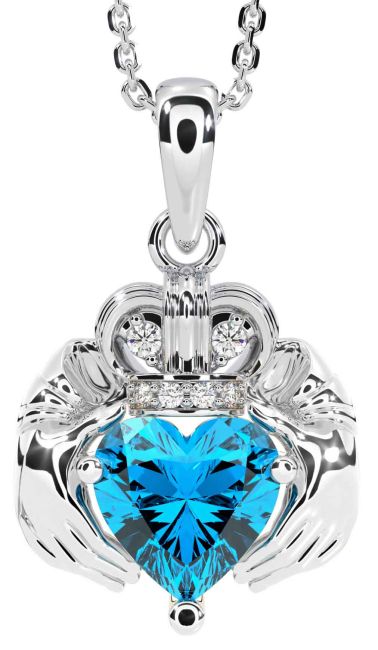 Diamond Topaz Silver Claddagh Necklace