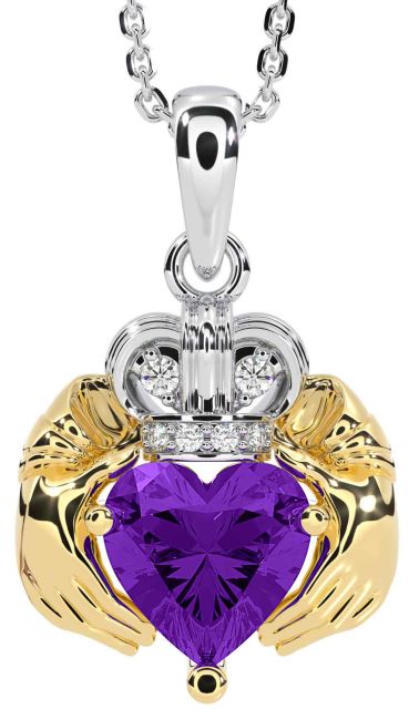 Diamond Amethyst Gold Silver Claddagh Necklace