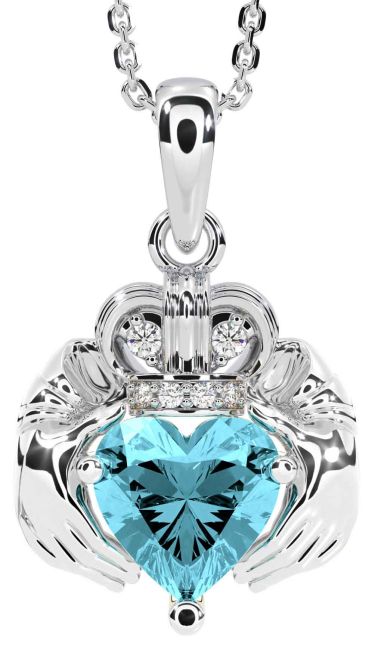 Diamond Aquamarine White Gold Claddagh Necklace