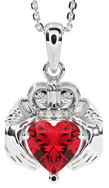 Diamond Ruby White Gold Claddagh Necklace