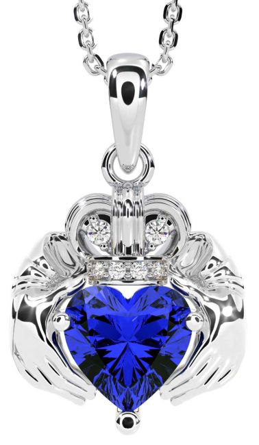 Diamond Sapphire White Gold Claddagh Necklace