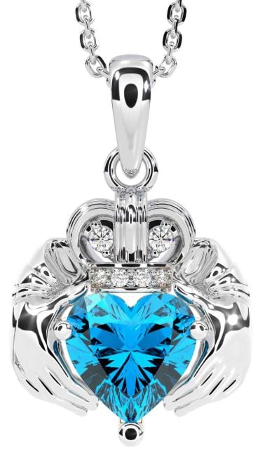 Diamond Topaz White Gold Claddagh Necklace