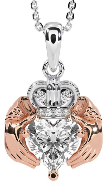 Diamond White Rose Gold Claddagh Necklace