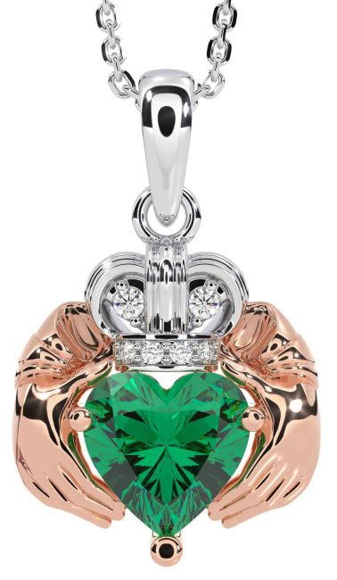 Diamond Emerald White Rose Gold Claddagh Necklace