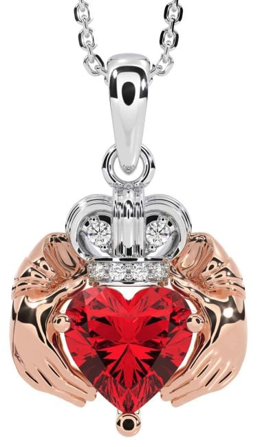 Diamond Ruby White Rose Gold Claddagh Necklace