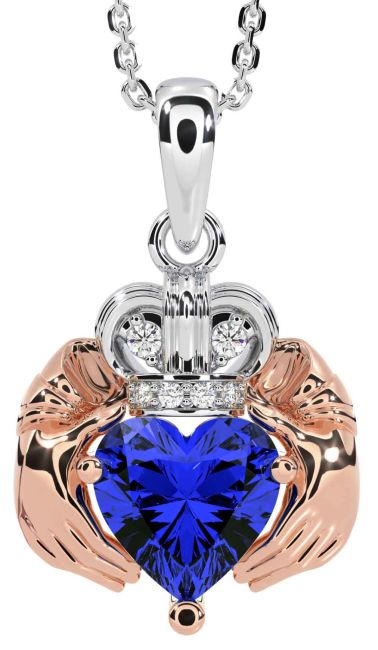 Diamond Sapphire White Rose Gold Claddagh Necklace