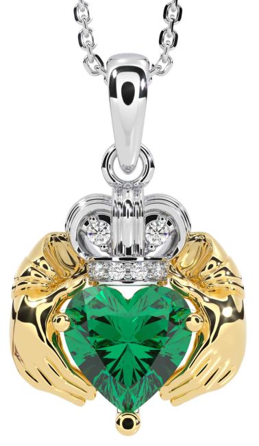 Diamond Emerald White Yellow Gold Claddagh Necklace