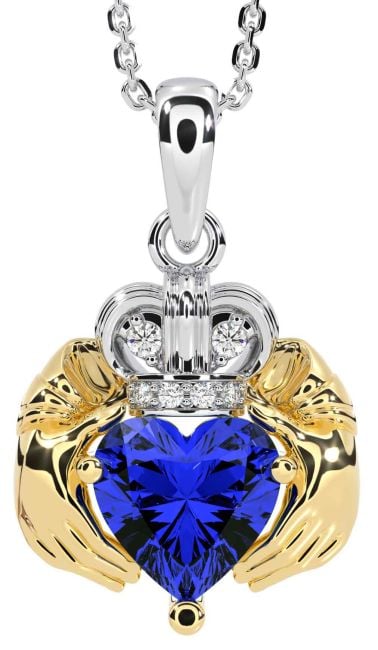 Diamond Sapphire White Yellow Gold Claddagh Necklace