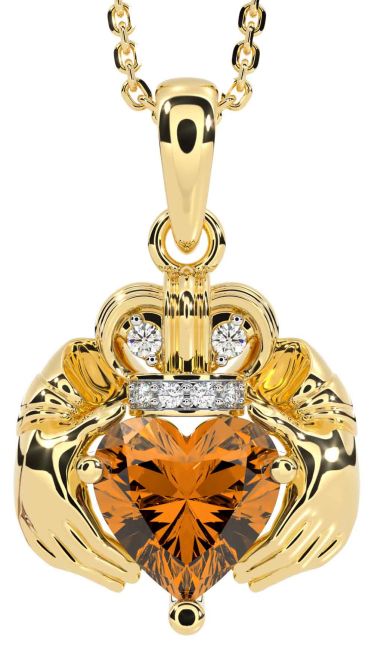 Diamond Citrine Gold Claddagh Necklace