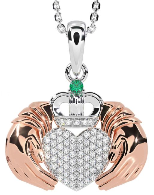 Diamond Emerald Rose Gold Silver Claddagh Necklace