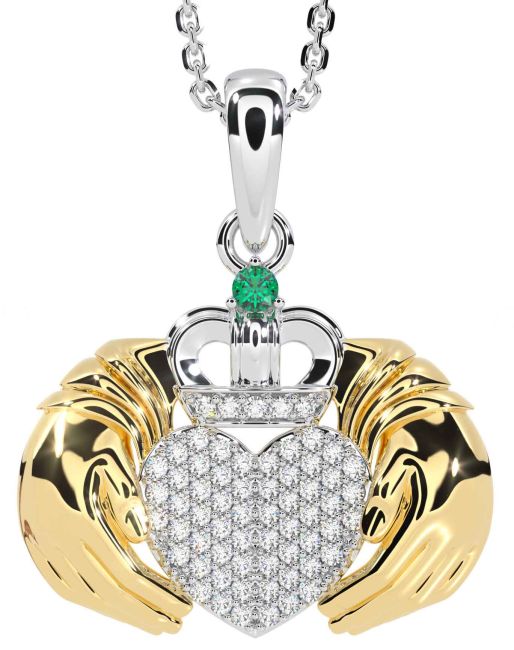 Diamond Emerald Gold Silver Claddagh Necklace