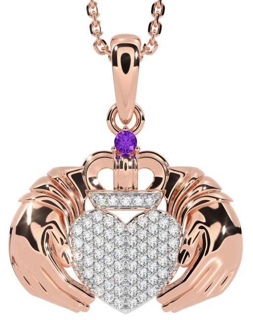 Diamond Amethyst Rose Gold Silver Claddagh Necklace