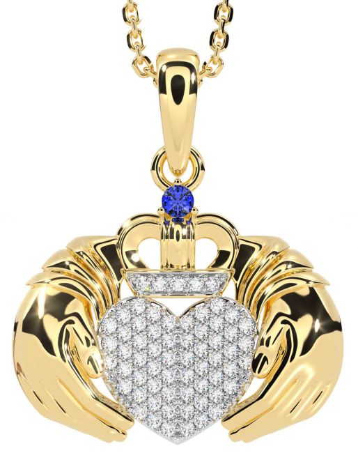 Diamond Sapphire Gold Silver Claddagh Necklace