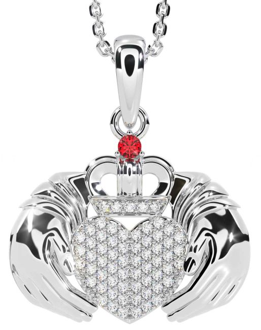 Diamond Ruby Silver Claddagh Necklace