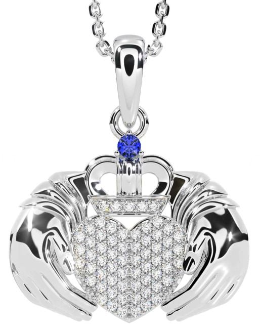 Diamond Sapphire Silver Claddagh Necklace