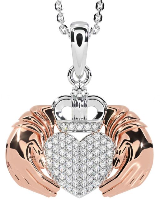 Diamond Rose Gold Silver Claddagh Necklace