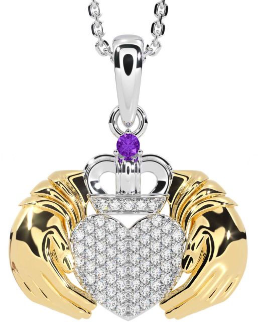 Diamond Amethyst Gold Silver Claddagh Necklace