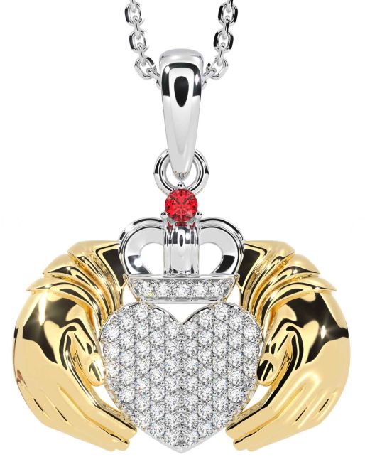 Diamond Ruby Gold Silver Claddagh Necklace