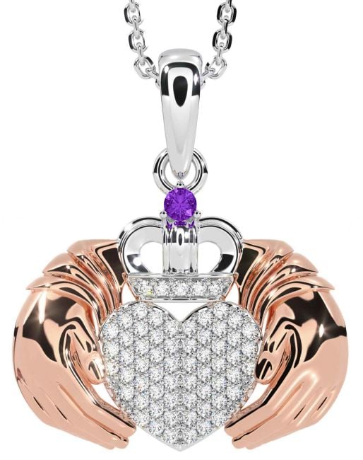 Diamond Amethyst White Rose Gold Claddagh Necklace