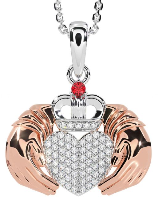 Diamond Ruby White Rose Gold Claddagh Necklace