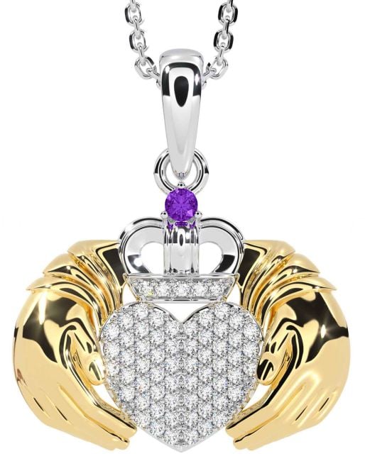 Diamond Amethyst White Yellow Gold Claddagh Necklace