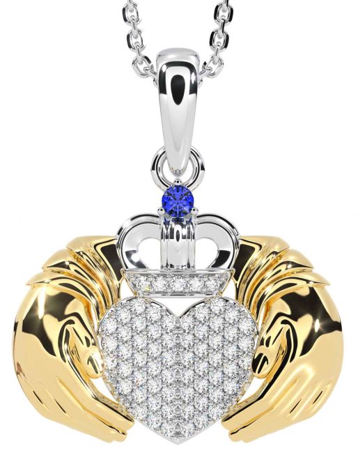 Diamond Sapphire White Yellow Gold Claddagh Necklace