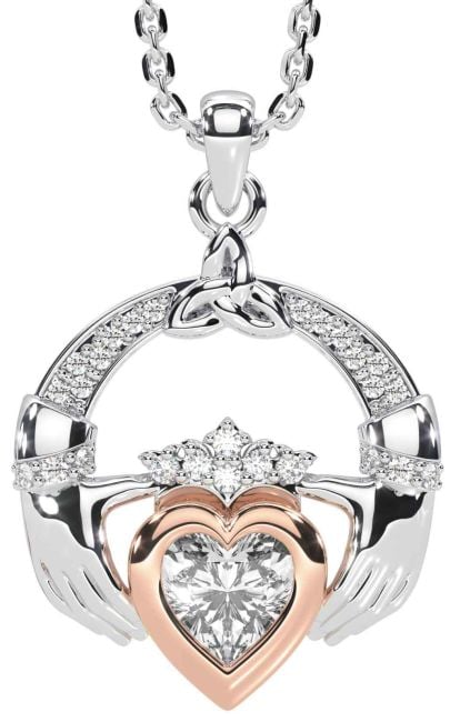 Diamond Rose Gold Silver Claddagh Trinity knot Necklace