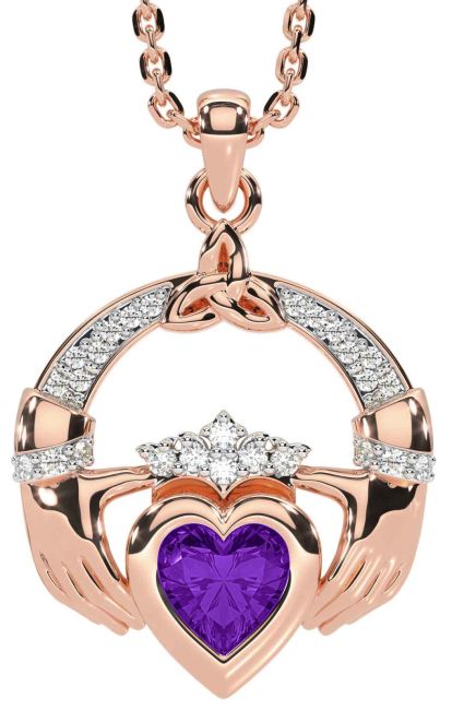 Diamond Amethyst Rose Gold Silver Claddagh Trinity knot Necklace