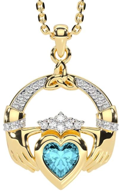 Diamond Aquamarine Gold Silver Claddagh Trinity knot Necklace