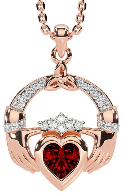 Diamond Garnet Rose Gold Claddagh Trinity knot Necklace