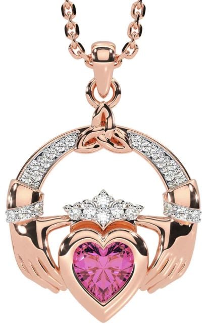 Diamond Pink Tourmaline Rose Gold Claddagh Trinity knot Necklace