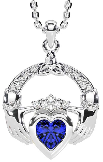 Diamond Sapphire Silver Claddagh Trinity knot Necklace