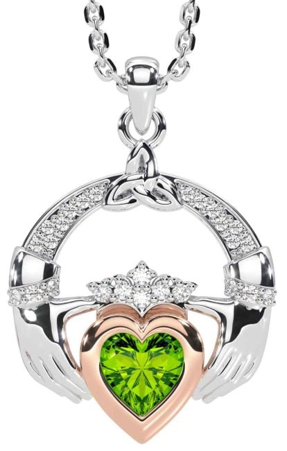 Diamond Peridot White Rose Gold Claddagh Trinity knot Necklace