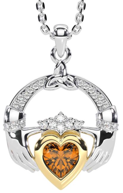 Diamond Citrine White Yellow Gold Claddagh Trinity knot Necklace