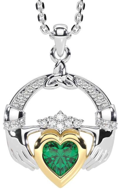 Diamond Emerald White Yellow Gold Claddagh Trinity knot Necklace