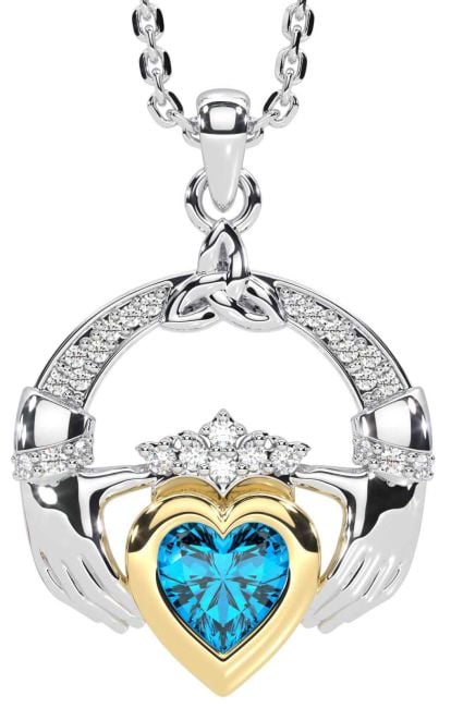 Diamond Topaz White Yellow Gold Claddagh Trinity knot Necklace