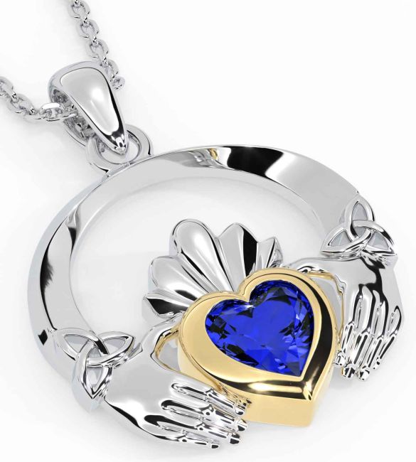 Sapphire Gold Silver Claddagh Trinity knot Necklace