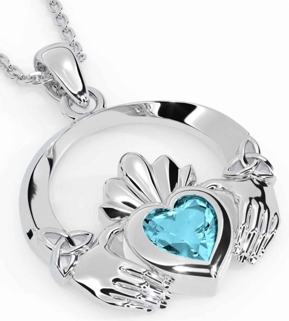 Aquamarine Silver Claddagh Trinity knot Necklace