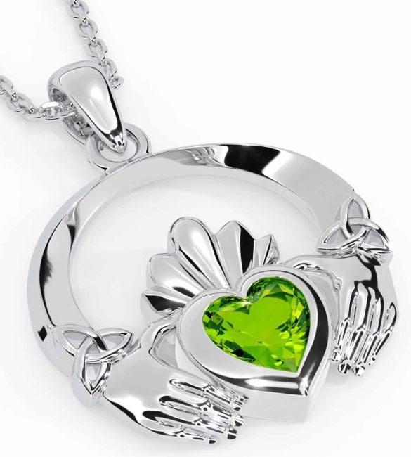 Peridot Silver Claddagh Trinity knot Necklace