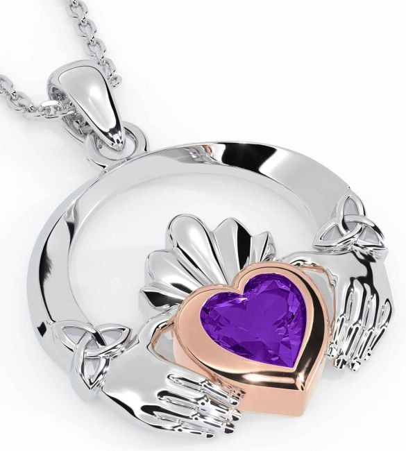 Amethyst Rose Gold Silver Claddagh Trinity knot Necklace