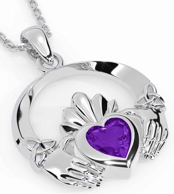 Amethyst White Gold Claddagh Trinity knot Necklace