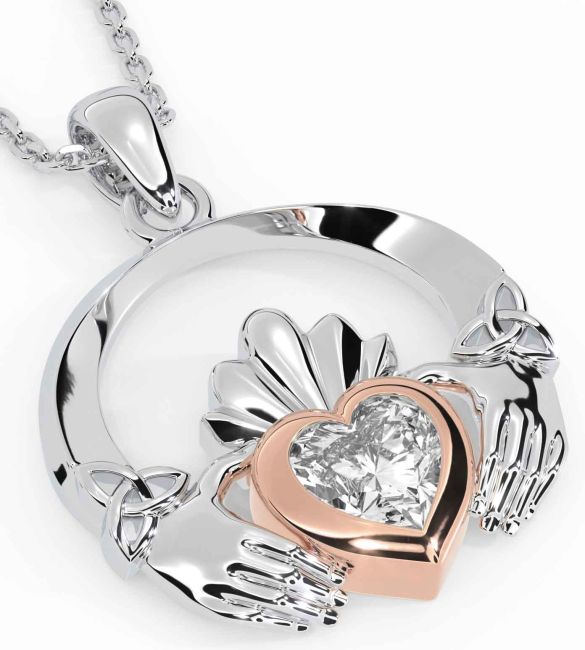 Diamond White Rose Gold Claddagh Trinity knot Necklace