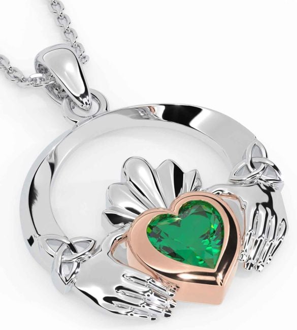 Emerald White Rose Gold Claddagh Trinity knot Necklace