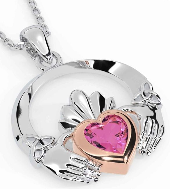 Pink Tourmaline White Rose Gold Claddagh Trinity knot Necklace