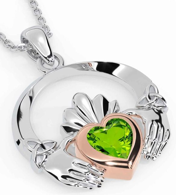 Peridot White Rose Gold Claddagh Trinity knot Necklace