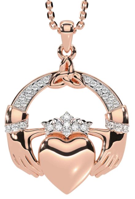 Diamond Rose Gold Silver Claddagh Trinity knot Necklace