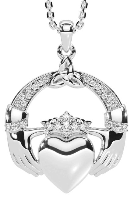 Diamond Silver Claddagh Trinity knot Necklace